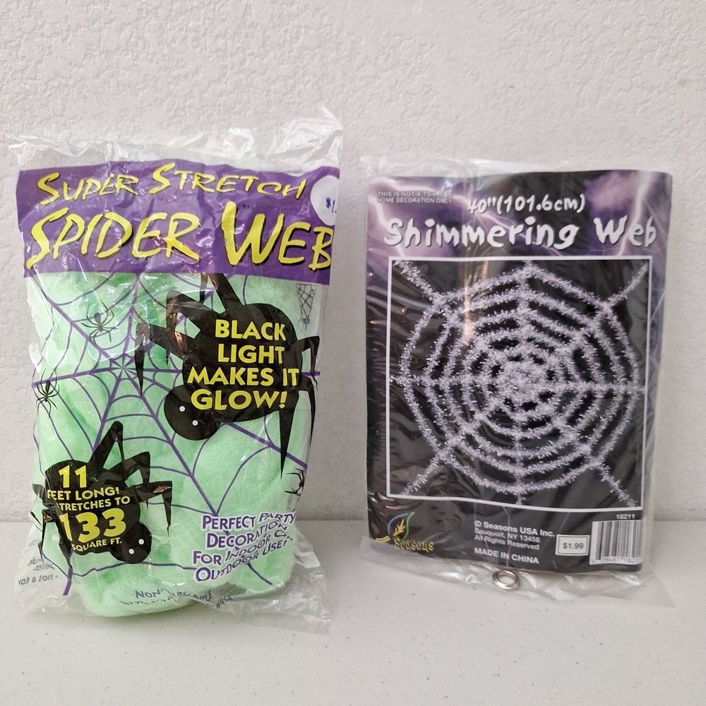 Vtg Black Light Super Stretch Spider Web 11ft & Shimmering Web 40" Halloween